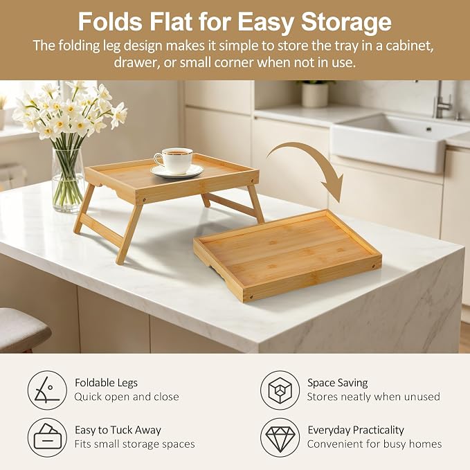 2 Pack Bamboo Bed Tray Tables with Folding Legs, Medium, Natural | Set of 2 bamboo bed trays with folding legs and wave handles for meals, laptops and serving in bed or on sofa.