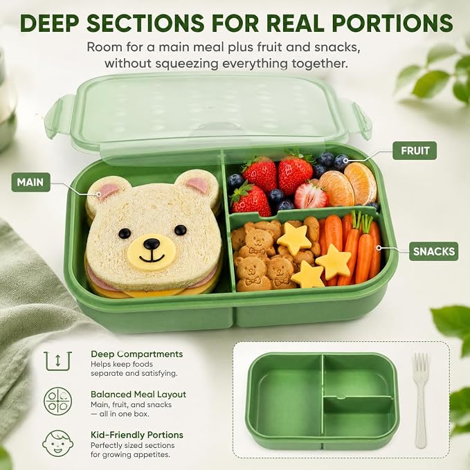 MISS BIG® Bento Lunch Box for Kids, 1150ml, 3 Compartments, Matcha Green | Matcha green kids bento lunch box for school meals, daycare snacks, light lunch, picnic, and travel.