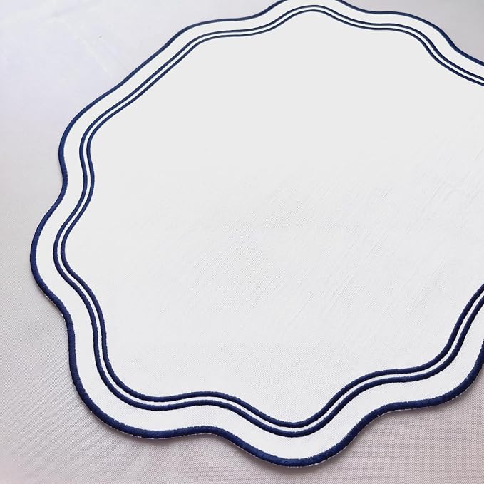 6 Pcs Black and White Wedding Placemats Scalloped Embroidered Cotton Linen Placemats 17" x 13" Double Layered Machine Washable Table Place Mat for Party Table Decor (Cotton)
