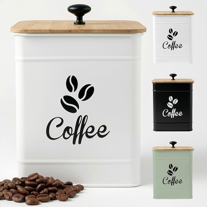Airtight Coffee Canister 40 oz, 6"x 8" Metal Jar w/ Rubber-Lined Bamboo Lid | 40oz Large Iron, Airtight Coffee Container, Bamboo Lid, Stylish Countertop Container for Coffee Grounds, Beans, Pods & More