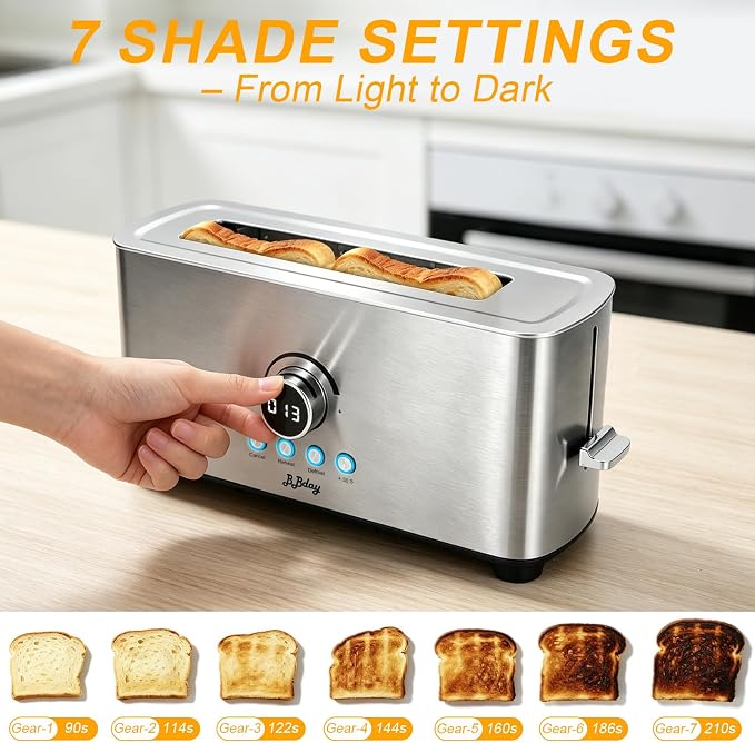 2 Slice Toaster, Long Slot Stainless Steel, 7 Browning Settings | Reheat, Defrost, Cancel, Removable crumb tray, compact design, bagel & thick bread compatible, overheat protection