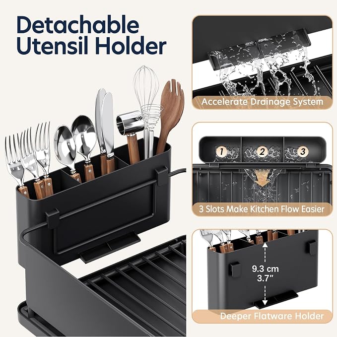 KINGRACK Dish Drying Rack for Kitchen Counter, Dish Drainer with Cup Holder | 16.9"L x 12.4" W Dish Rack with Spacious Drying Capacity, Quick Auto Dish Drainer for Plate Dish Dinnerware, Black