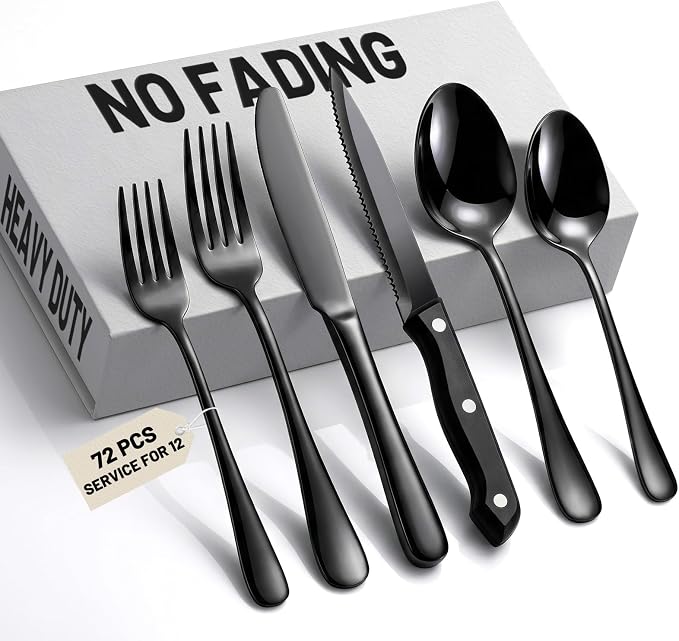 72 PCS NO-FADING Black Silverware Set with Steak Knives - KIKCOIN Food-Grade Stainless Steel Flatware Set for 12 - Mirror Polished Cutlery Set, Titanium Black Finish, Rust Resistant & Dishwasher Safe