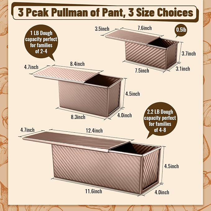 3 Pack Pullman Loaf Pans, Bread Pans with Lids, Golden | Non-stick Carbon Steel Bread Pans for Homemade Sandwich and Baking Sourdough Bread, Corrugated Toast Mold