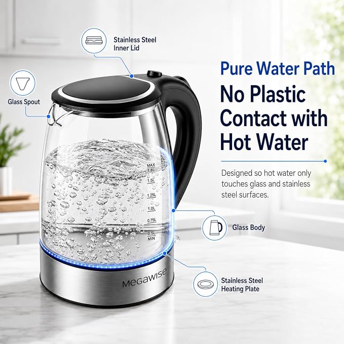 MEGAWISE Electric Kettle 1.8L, High Power Fast Boiling Hot Water Boiler, Auto Shut-Off, BPA-Free Food-Grade Material, Tea Kettle for Kitchen Home Office Coffee Tea