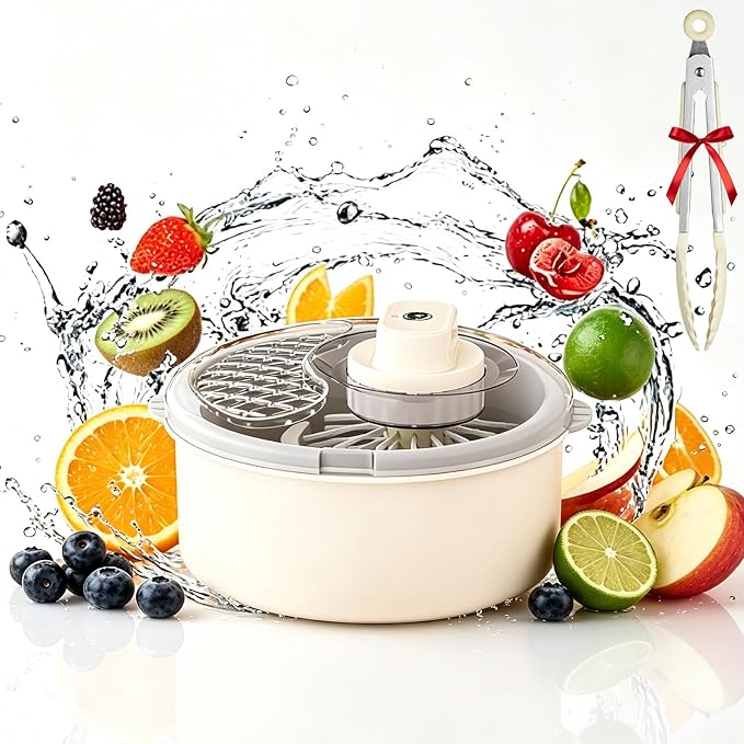 2026 Upgraded Fruit Cleaner Spinner, Fruit Washer Spinner Bowl, Electric Salad Spinner, Electric Fruit Washer with Non-Slip Base for Veggie, Grains, Rice, Meat, Seafood，White