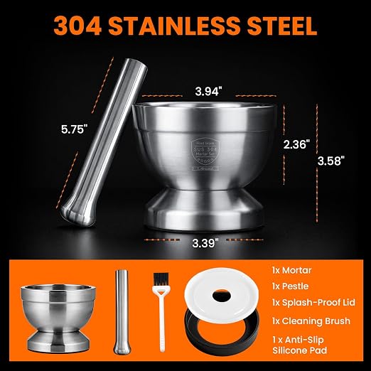 304 Stainless Steel Mortar and Pestle Set with Anti-Slip Silicone Pad | Keeps the bowl steady, Weighty pestle crushes spices, herbs and pills with less effort, Included Cleaning Brush and Lid