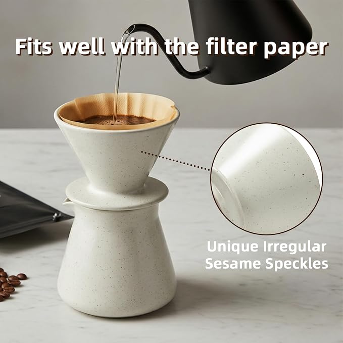 DIF DECO Ceramic Pour Over Coffee Dripper, Reusable Porcelain Portable Pour Over Coffee Maker, Slow Brewing Accessories with 1 Holes for Home, Office, Travel, Camping (Sesame Cream)