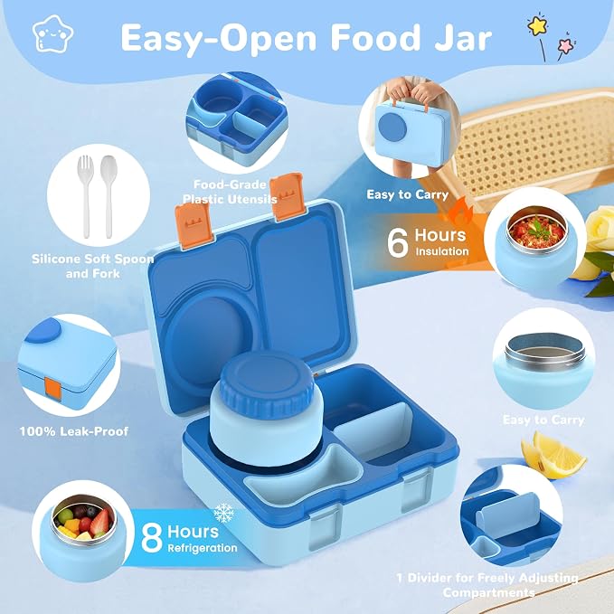 Bento Lunch Box for Kids Adult, Leakproof 3-4 Compartment Bento Box Set with Insulated Food Jar,Water Bottle, Lunch Bag, School Lunch Container for Toddler Teen Girls Boys Ages 3+(Blue)