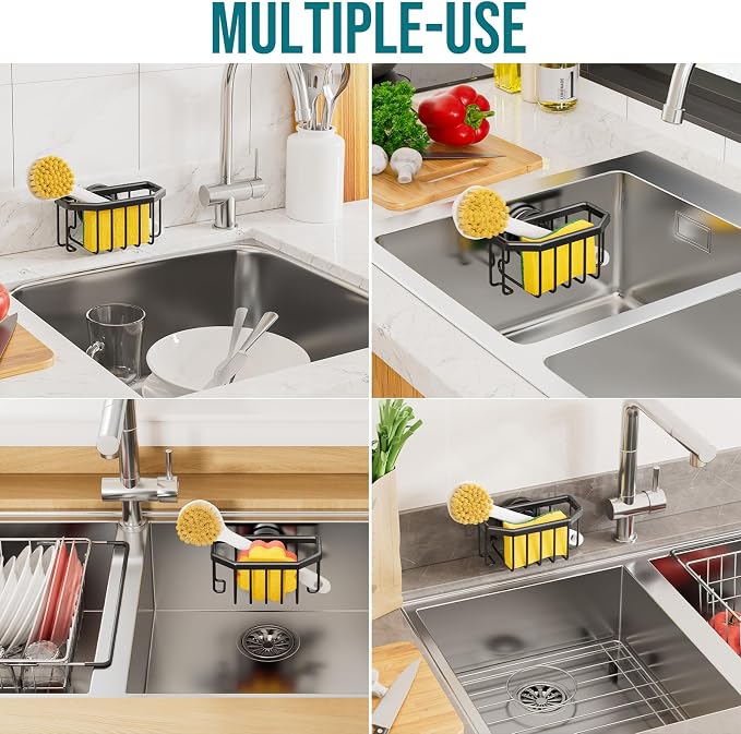 TAILI Sponge Holder for Kitchen Sink with Strong Suction Cup-Black | Removable Sink Caddy for Kitchen Sink Oganizer, Rustproof Aluminum Sink Sponge Holder for Scraper Brushes, Stoppers