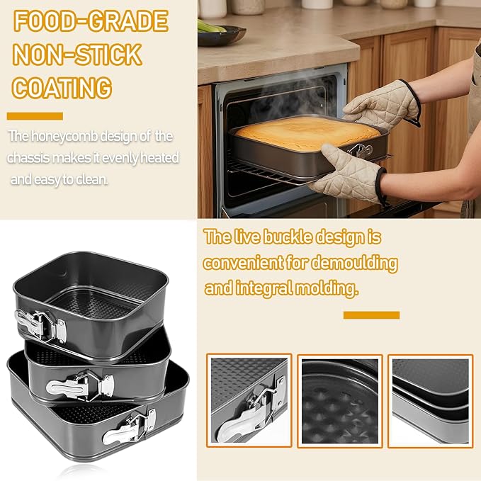 Springform Cake Pan Set of 6 (9.5, 10.2, 11 Inch 3 Sizes), Square, Nonstick | Leakproof Cheesecake Pans with Removable Bottom Carbon Steel Bakeware for Cheesecake Wedding Cake Pizza and Quiches