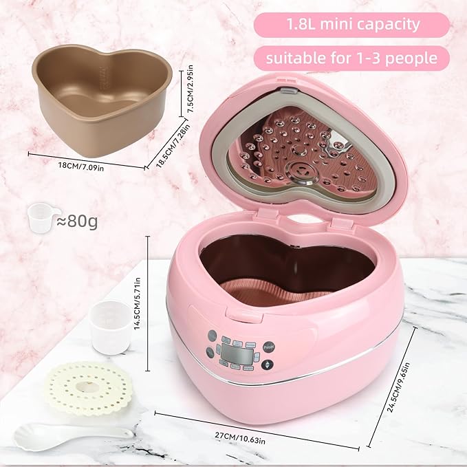 Heart Shaped Pink Rice Cooker 300W, Small Cute Rice Cooker (1.8L, 4Cups) | High Power Preset Timer Automatic Heat Preservation for New Year Valentine's Day Gifts