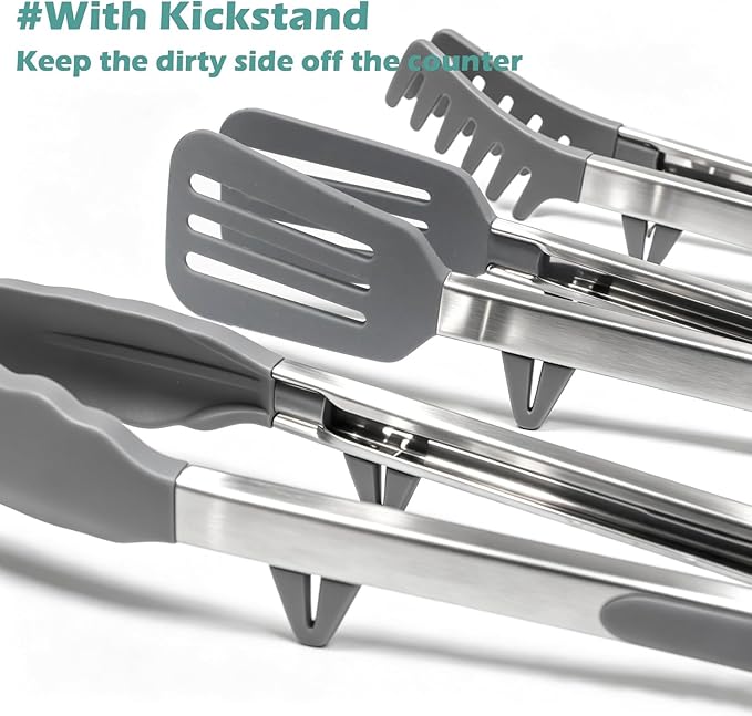 12" Kitchen Tongs for cooking with Silicone Tips, 3Pcs Serving Tongs, Grey | Small Silicone Tongs mit kickstand, Food Grade, 3 different type of tongs, Stainless Steel