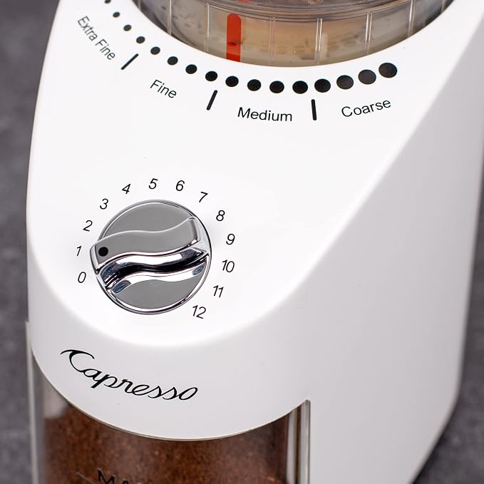 Capresso Infinity Plus Conical Burr Grinder, White | Commercial-grade steel burrs, 16 settings, low-speed gear motor