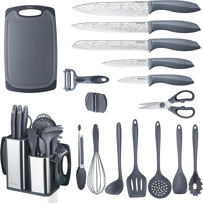 Kitchen Set,18-Piece Cooking Utensils and Kitchen Knife Set,Gray | 7-Piece Kitchen Utensils Heat-resistant to 410°F,5-Piece Sharp Knife,5-Piece Cooking Tools and Cutting Board In One