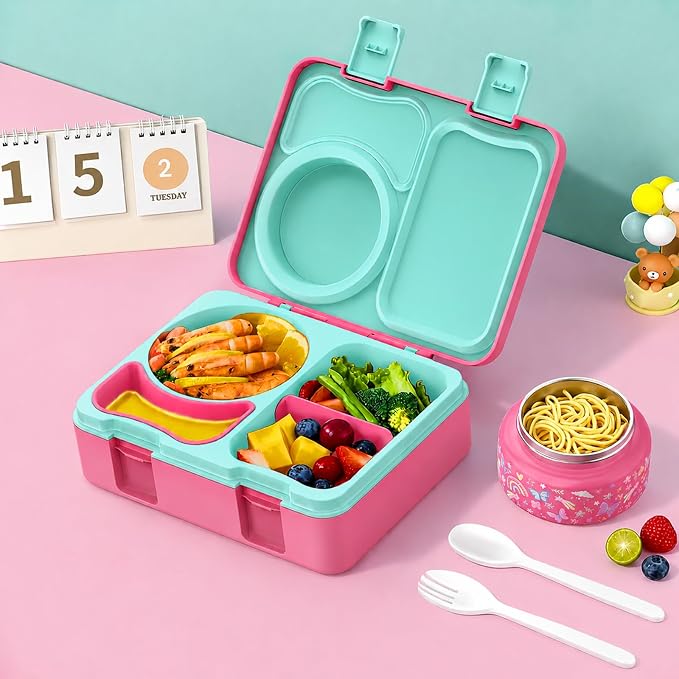 Bento Box for Kids, Leakproof Kids Lunch Box with 8.5OZ Thermo Food Jar & Lunch Bag, 3-4 Compartments Toddler Insulated Lunch Box for Girls, BPA Free Lunch Containers for School Daycare