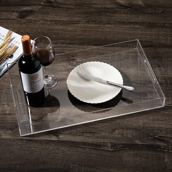 Sooyee Clear Acrylic Serving Tray, 16" x 12" | Coffee Table Trays, Plastic Tray for Living Room, Bathroom, Ottoman Coffee Table, Home Decorative Tray