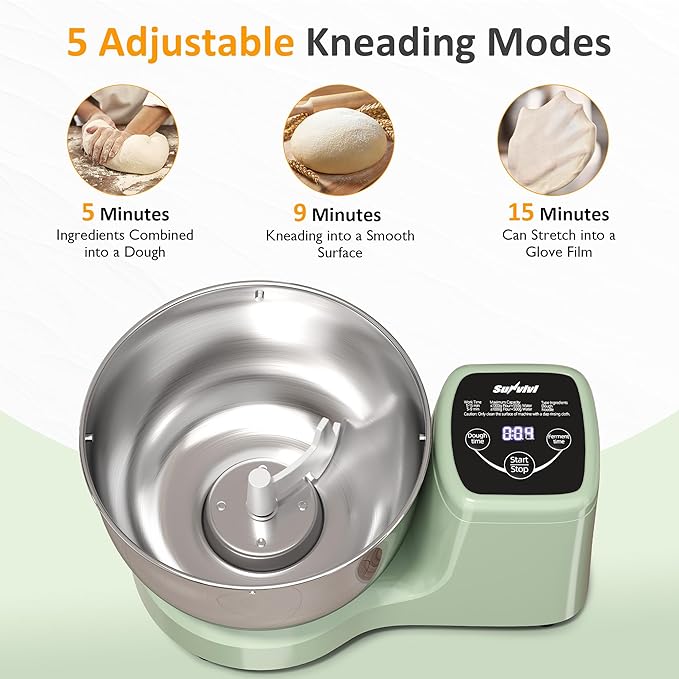 Sunvivi Electric Dough Maker with Ferment Function, 5.3QT Dough Mixer with Adjust Time, Household Stand Mixer Kitchen Flour Kneading Machine, LED Touch Panel, 304 Stainless Steel Bowl, Green