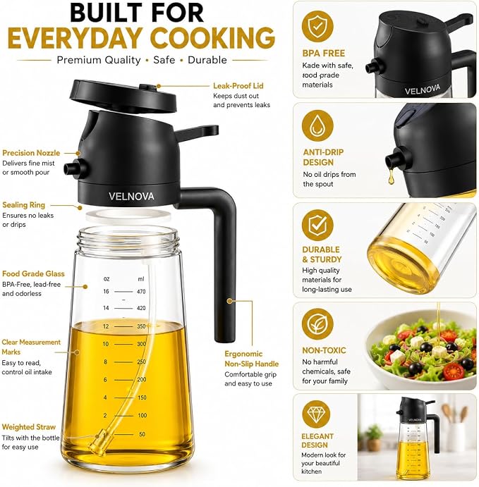 Olive Oil Sprayer for Cooking, 16oz/470ml Glass Oil Sprayer & Dispenser, 2-in-1 Oil Mister Bottle for Air Fryer, Salad, BBQ, Frying, Roasting & Kitchen, Food Grade, Leakproof, Refillable