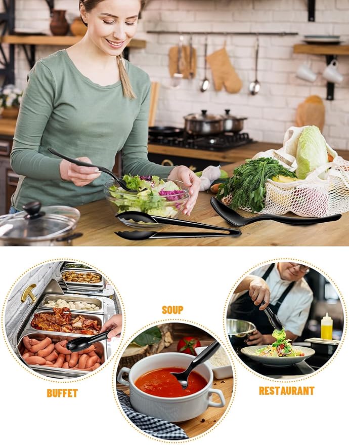 30Pcs Disposable Plastic Serving Utensils, Buffet Serving Utensils Set | 10 Black Plastic Serving Spoons, 10 Tongs, 10 Forks for Catering, Entertaining and Parties