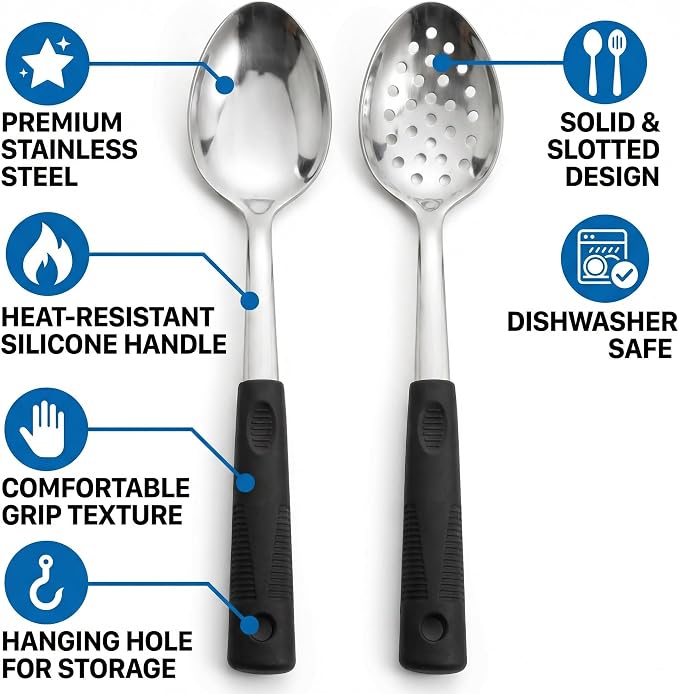 Serving Spoons Set, Large Serving Spoons with Silicone Handles | Stainless Steel Serving Spoon, Slotted Spoon & Soup Ladle Set for Buffet and Home Kitchen