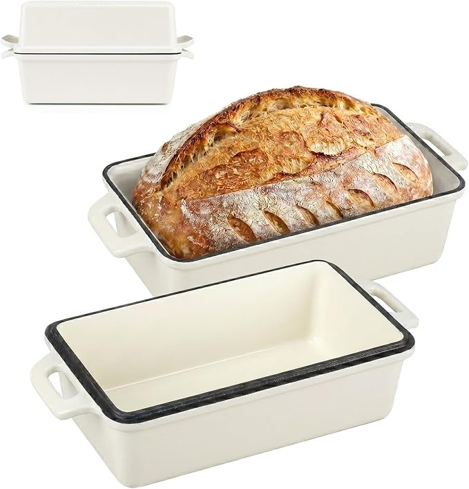 Northriver Casting 2 in 1 Enameled Cast Iron Bread Pan with Lid, Perfect Bread Oven, Loaf Pans for Baking Homemade Sourdough Bread 9x5, 2 Piece set, White