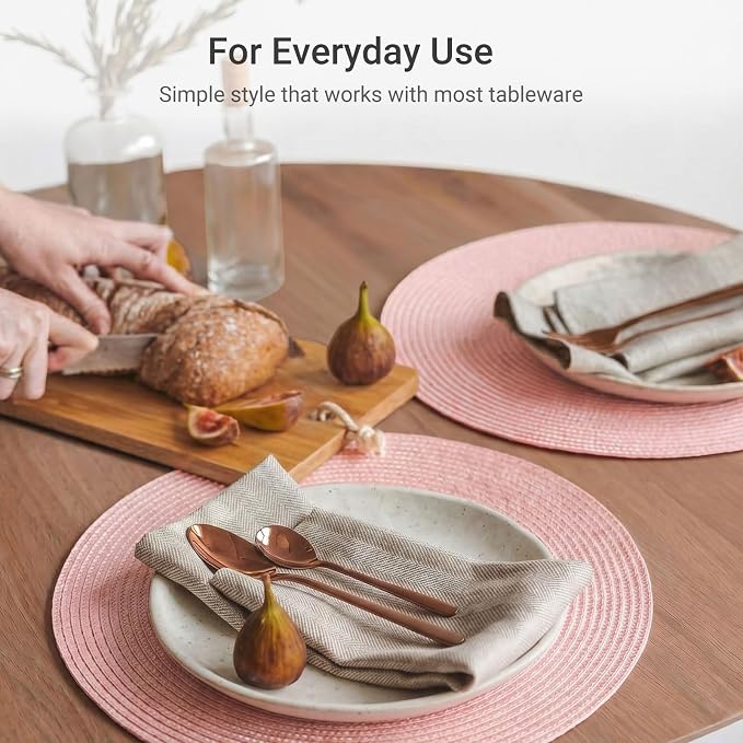 FunWheat Round Braided Placemats Set of 4 Table Mats for Dining Tables Woven Washable Non-Slip Place mats 15inch (Pink, 4pcs)
