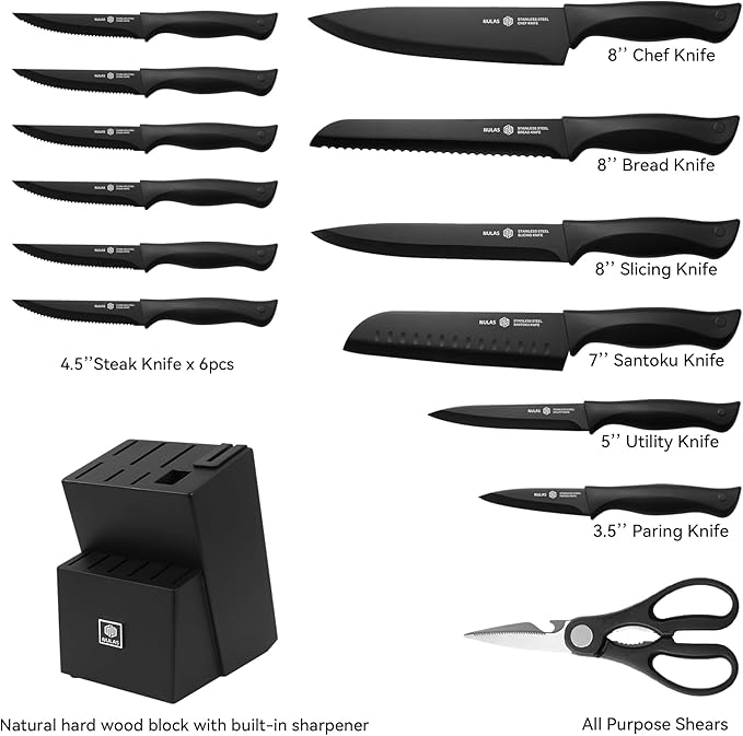 15-Piece Kitchen Knife Set with Block and Built-In Sharpener, Black | High-carbon stainless steel blades, nonstick coating, ergonomic handles and dishwasher-safe care