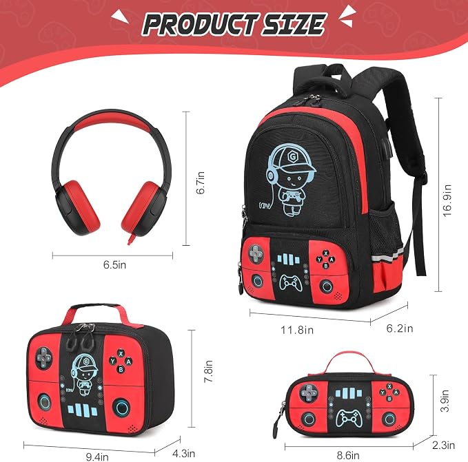 Backpack for School Boys, Cool Luminous Gamer Boys Schoolbag | with Lunch Box & Pencil Case Set for Kids Teens Elementary Middle School, Bookbag Glow In The Dark