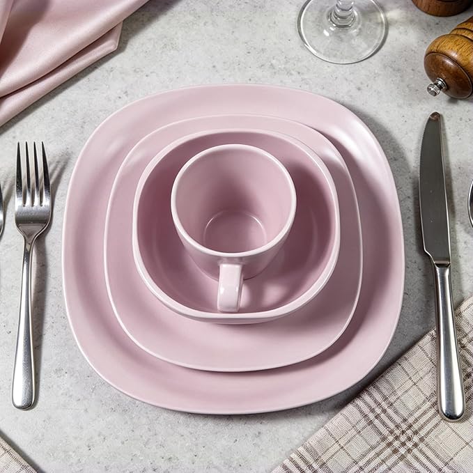 HomeVss, Stoneware Square 16pc Dinnerware Set, Matte Rose