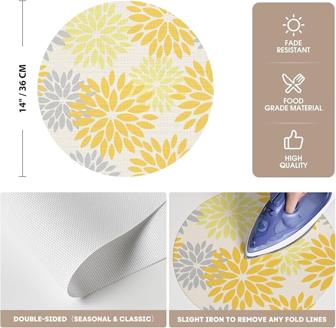 Artoid Mode Yellow Dahlia Plastic Round Placemats Set of 4, 14 Inch Seasonal Washable Woven Vinyl Table Mats for Farmhouse Party Kitchen Dining Decor