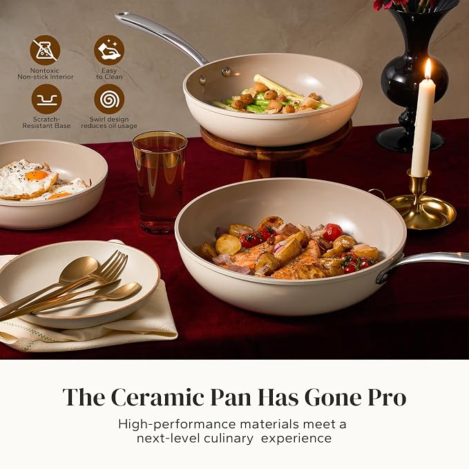 Redchef Ceramic Non Stick Frying Pans, Nonstick Frying Pan Skillet, Ceramic Egg Pan with Stay Cool Handle, Non Toxic Induction Pan for Cooking, PFOA & PFAS Free, Oven & Dishwasher Safe (8" Beige)