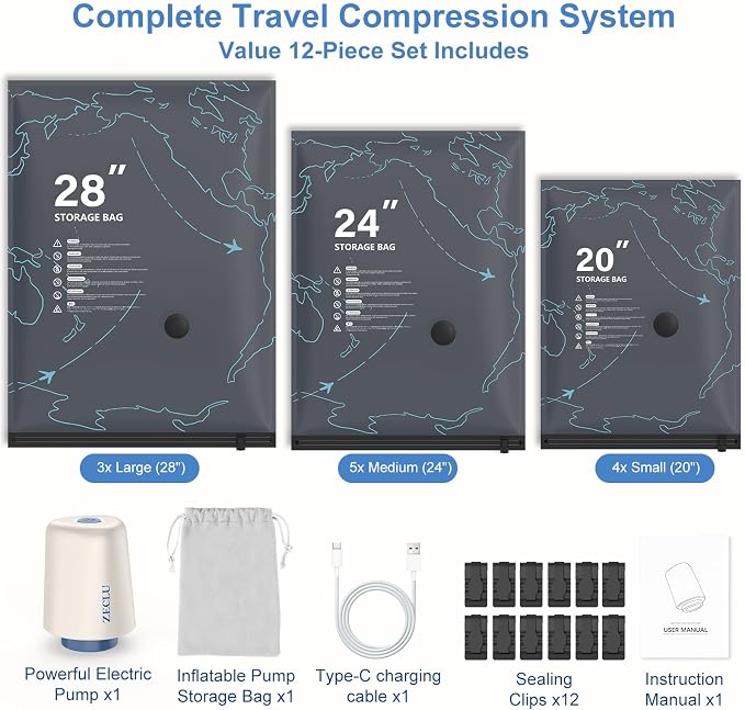 Vacuum Seal Bags for Travel with Pump - 12 Pack Luggage Vacuum Bags | - Rechargeable UsB-C Pump, 3 Sizes,Space Saver Compression Bags for Vacation Group Trips Clothing Travel