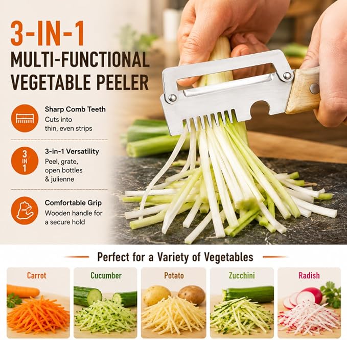 2PCS Multi-Functional Vegetable Peeler for Kitchen, 3 in 1 Stainless Steel Blade with Wooden Handle and Bottle Opener, Kitchen Gadgets Tool for Fruit Peeling Potato Carrot Veggie Peeler (A)