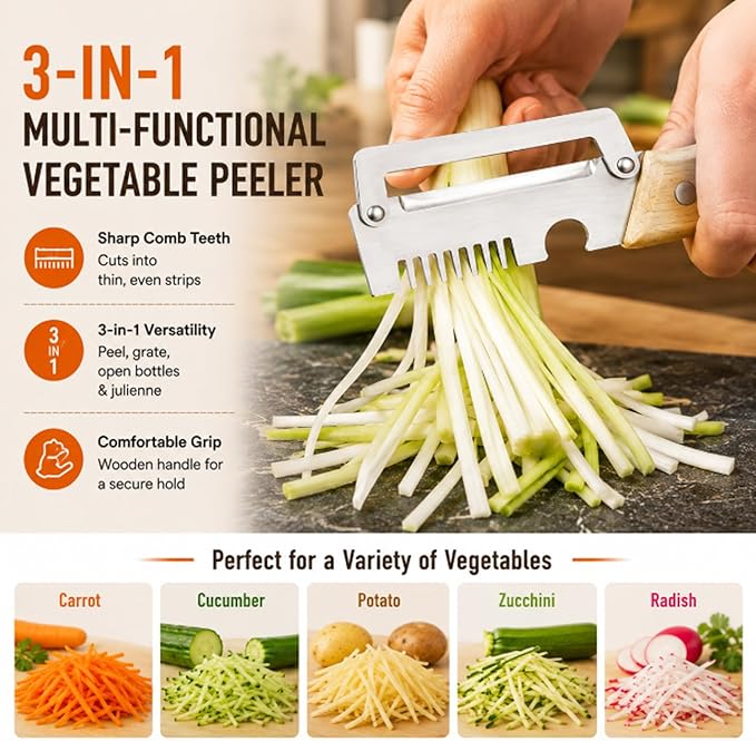 2PCS Multi-Functional Vegetable Peeler for Kitchen, 3 in 1 Stainless Steel Blade with Wooden Handle and Bottle Opener, Kitchen Gadgets Tool for Fruit Peeling Potato Carrot Veggie Peeler (B)