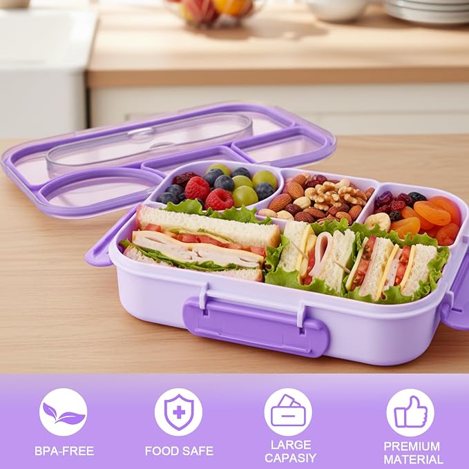 Bento Box for Adults, 4 Compartments Lunch Box, Lunch Containers, Purple