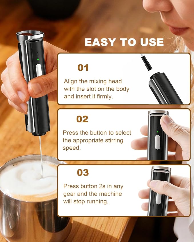 3-Speed Rechargeable Milk Frother Handheld with Stand & 3 Whisks, Dual Coil Whisk Coffee Frother Handheld, Electric Frother Wand for Lattes, Matcha, Hot Chocolate & Eggs, Black
