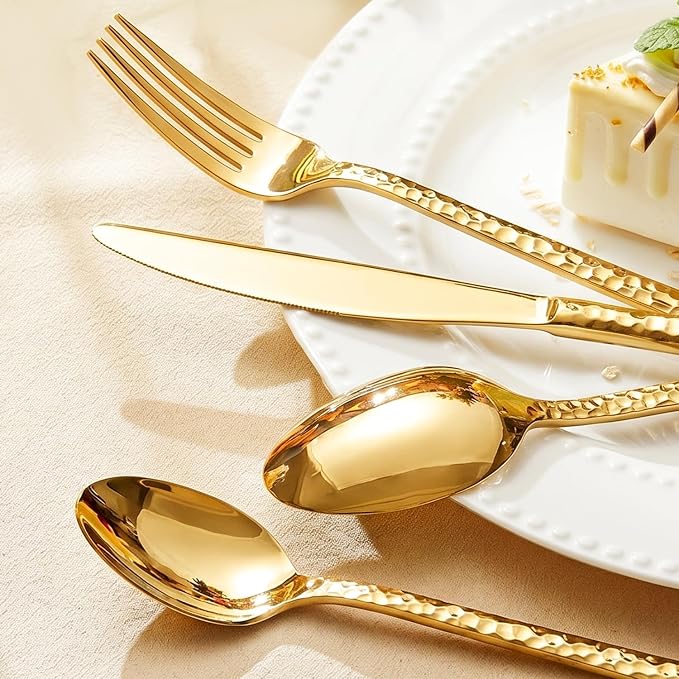 20 Piece Gold Silverware Set, 18/10 Stainless Steel Hammered Flatware for 4 | KINGSTONE Flatware set Includes Fork Spoon Knives, Cutlery Utensil Set for Party,Wedding, Mirror Polished Dishwasher Safe