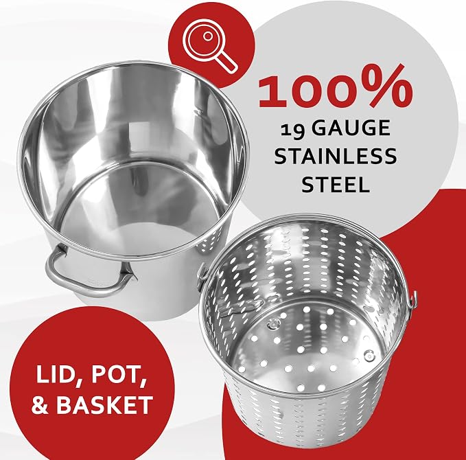 CONCORD 42 QT Stainless Steel Stock Pot w/Basket. Heavy Kettle. Cookware for Boiling (42)