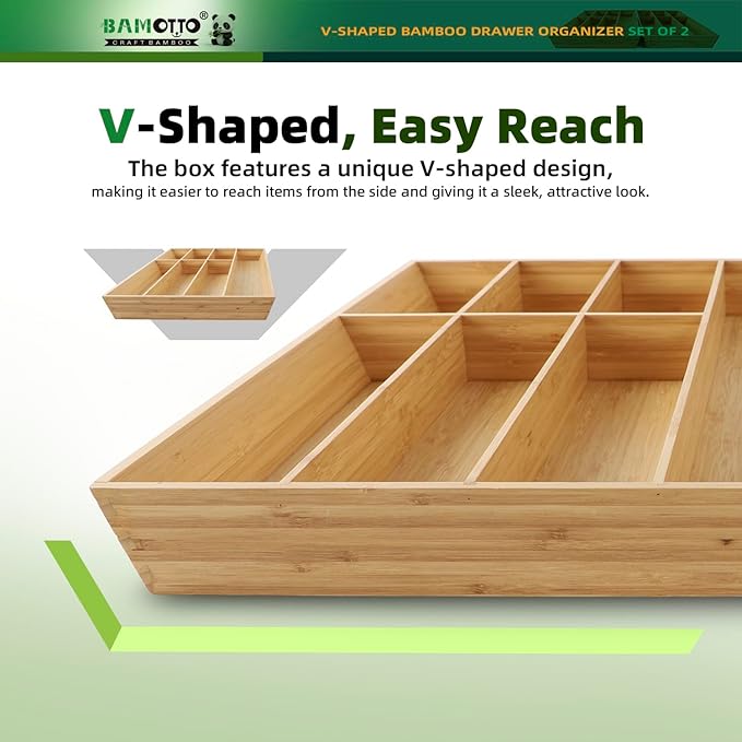 BAMOTTO CRAFTBAMBOO 13 Slot V-Shaped Bamboo Drawer Organizer Set of 2 | Cutlery Tray | Silverware & Flatware Organizer | Utensil | Kitchen & Bathroom | Extra Large 19.6"×14.6" & 19.6"×12.4"