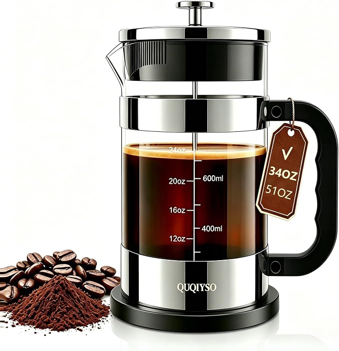 QUQIYSO French Press Coffee Maker 34oz, Thickened Glass Coffee French Press | Stainless Steel Coffee Press, 4 Filter Easy to Clean, Cold Brew Coffee Maker, Suitable for Kitchen Party Gifts(Silver)