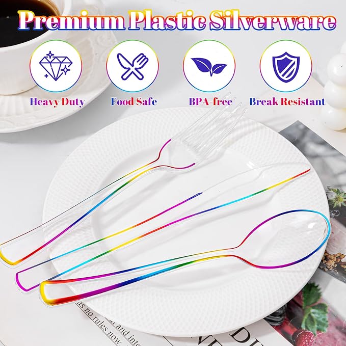 180 PCS Rainbow Plastic Silverware - Clear Colorful Cutlery Disposable Heavy Duty Include 60 Forks, 60 Knives and 60 Spoons - Colorful Disposable Utensils for Trolls Party/Birthday Party