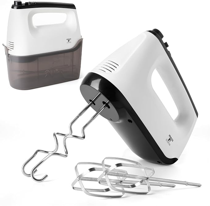 Moss & Stone White Hand Mixer With Snap-On Storage Case, 6 Speed Hand Mixer Electric, 250w Power handheld Mixer for Baking Cake Egg Cream Food Beater, & 4 Stainless Steel Accessories