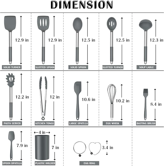 E-far Kitchen Utensils Set, 14-Piece Gray Silicone Cooking Utensils Set | Heat Resistant, Kitchen Tools Spatulas with Stainless Steel Handle, Non-stick Cookware with Holder, Dishwasher safe