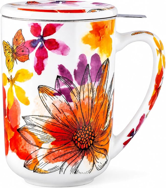 GBhome Tea Mug with Infuser and Lid,18 Ounce Ceramic Loose Leaf Cup Steeper | Lead-Free Glaze For Tea Lovers,Microwave & Dishwasher Safe with Tea Strainer