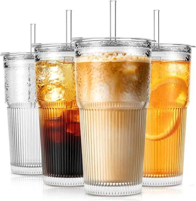 SoulTimes 20oz Wave Ribbed & Wavy Glass Tumbler with Lid and Straw – Iced Coffee Glasses Cups for Smoothie, Matcha, Juice, Water etc. Leakproof and Reusable Glassware Drinking for Travel To Go [4 Pcs]