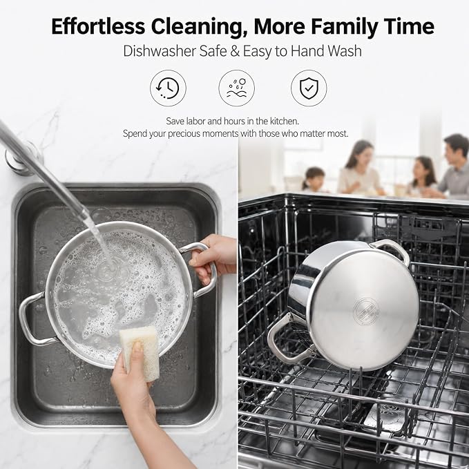 TeamFar 8 Quart Stock Pot, Tri-Ply Stainless Steel Pasta Pot with Lid | Cooking Broiling Eggs Veggies Soup, Tempered Glass Lid & Double Side Riveted Handles, Healthy & Heavy Duty, Dishwasher Safe