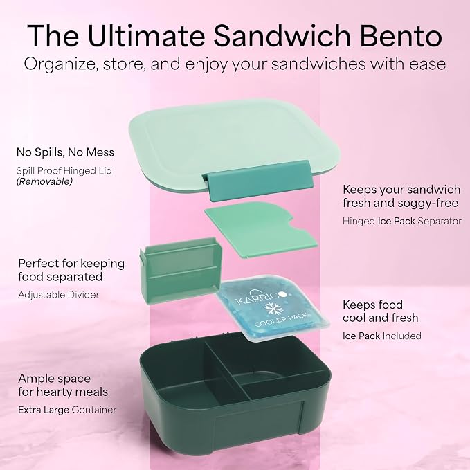 Leakproof Bento Lunch Box, 3-Compartment, Adjustable Divider, Green | 3-Compartment Design, Leakproof, Extra Large Capacity, Adjustable Divider, Includes Cooler Pack, Dishwasher Safe, Reusable