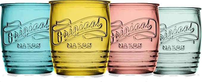 Glaver's Set Of 4 Original Mason Collins Glasses Assorted Colored Drinking Glasses For Juice Smoothies Cocktails Fine Beverage Glass Cups HAND WASH(Original Mason Whiskey Colored 13 OZ.)