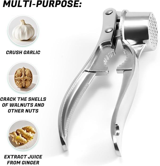 Aluminum Garlic Press with Peeler Dual Use for Garlic Nuts Ginger | Ergonomic easy-squeeze handle, rustproof, dishwasher safe for home camping use